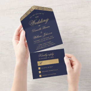 Wedding Navy Blue Gold Elegant Script Vintage All In One Invitation