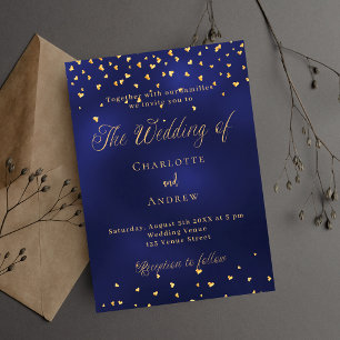 Wedding navy blue gold hearts elegant script invitation