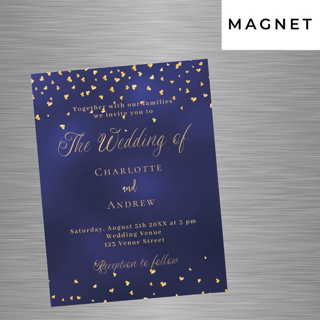 Wedding navy blue gold hearts script luxury magnetic invitation (Creator Uploaded)