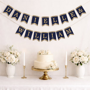 Wedding Navy Blue Gold Names Vintage Roses Elegant Bunting