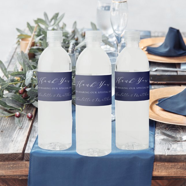 Wedding navy blue modern script thank you water bottle label (Creator Uploaded)
