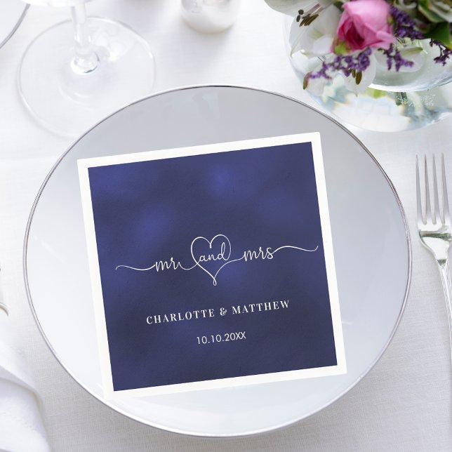 Wedding navy blue mr mrs heart script simple napkin (Creator Uploaded)