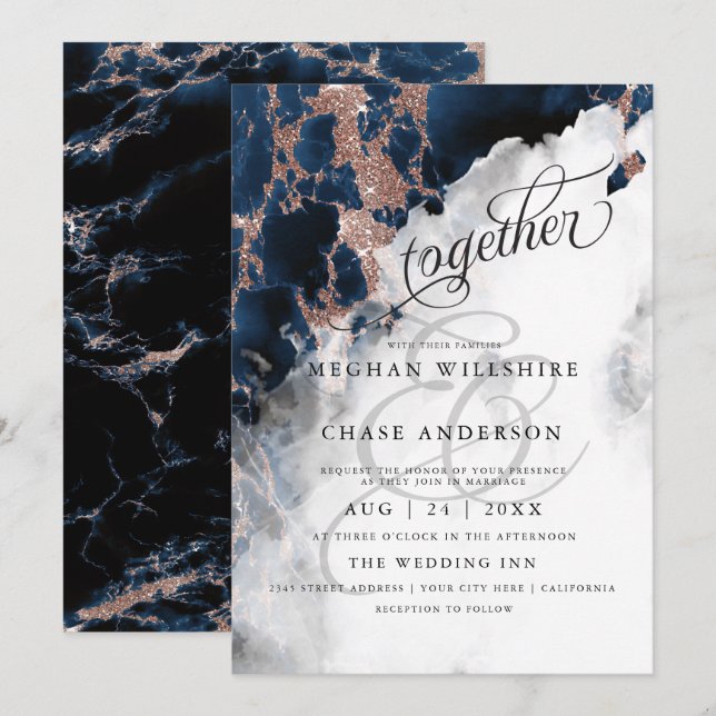 WEDDING | Navy Blue Rose Gold Geode Watercolor  (Front/Back)