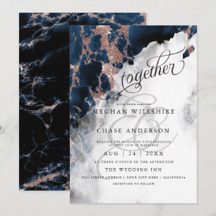 WEDDING   Navy Blue Rose Gold Geode Watercolor 