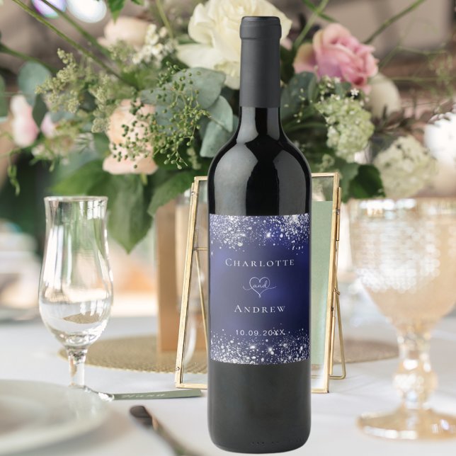 Wedding navy blue silver glitter bride groom wine label (Creator Uploaded)