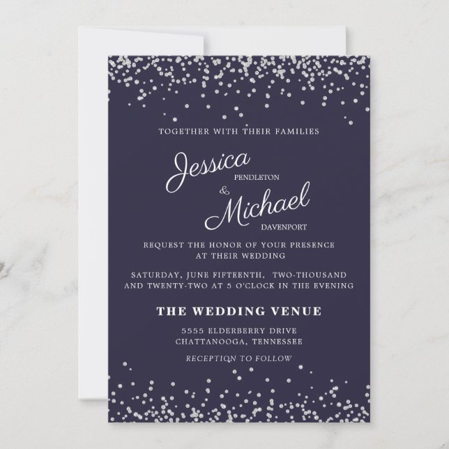 Wedding Navy Blue Silver Glitter Elegant Script Invitation (Front)