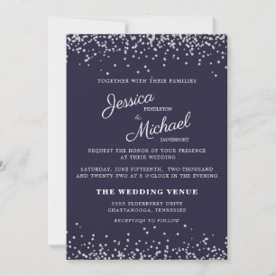 Wedding Navy Blue Silver Glitter Elegant Script Invitation