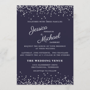 Wedding Navy Blue Silver Glitter Elegant Script Invitation
