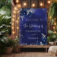 Wedding navy blue silver glitter flowers welcome
