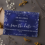 Wedding navy blue silver glitter save the date<br><div class="desc">A modern and elegant Save the Date for a wedding. A navy blue background decorated with faux silver sparkles.  The blue colour is unveven. Personalise and add a date and names. The text: Save the Date is written with a large trendy hand lettered style script with swashes.</div>