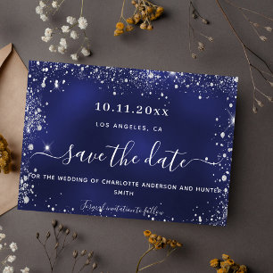 Wedding navy blue silver glitter save the date