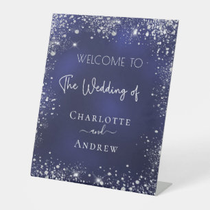 Wedding navy blue silver glitter welcome pedestal sign
