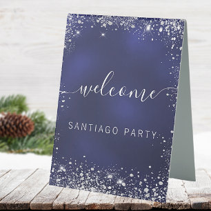 Wedding navy blue silver name script welcome
