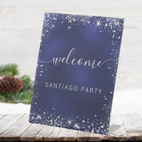 Wedding navy blue silver name script welcome