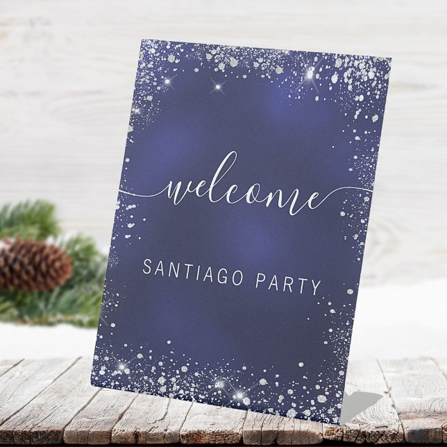 Wedding navy blue silver name script welcome pedestal sign (Creator Uploaded)