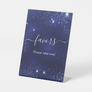 Wedding navy blue sparkles favours pedestal sign