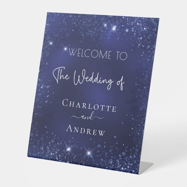 Wedding navy blue sparkles welcome pedestal sign (Front)