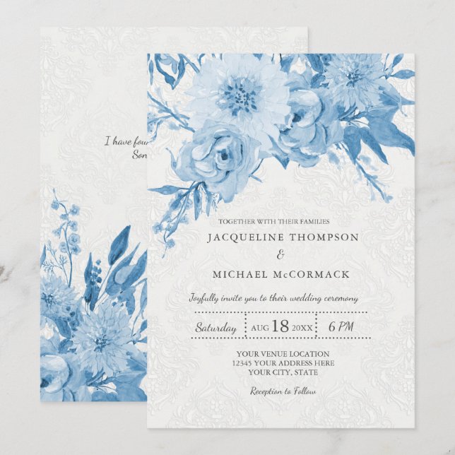 Wedding Navy Blue White Chintz Lace Damask Floral Invitation (Front/Back)
