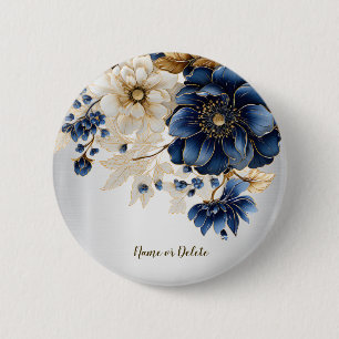 Wedding Navy Blue White Golden Floral Silver 6 Cm Round Badge