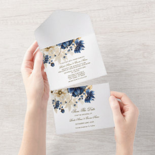 Wedding Navy Blue White Golden Floral Silver All In One Invitation