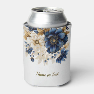 Wedding Navy Blue White Golden Floral Silver Can Cooler
