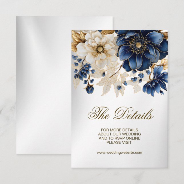 Wedding Navy Blue White Golden Floral Silver Enclosure Card (Front/Back)