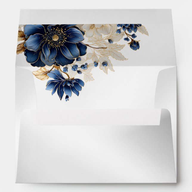Wedding Navy Blue White Golden Floral Silver Envelope (Back (Bottom))