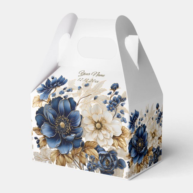 Wedding Navy Blue White Golden Floral Silver Favour Box (Front Side)