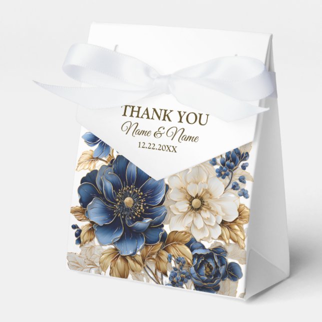 Wedding Navy Blue White Golden Floral Silver Favour Box (Front Side)
