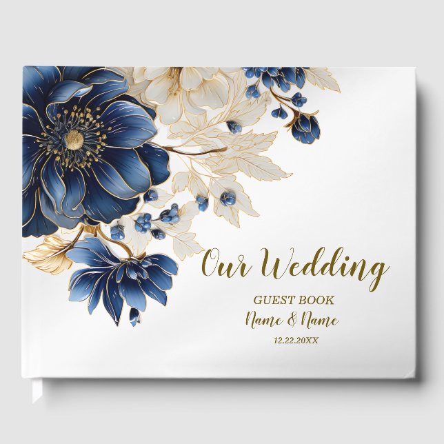 Wedding Navy Blue White Golden Floral Silver Guest Book (Front)