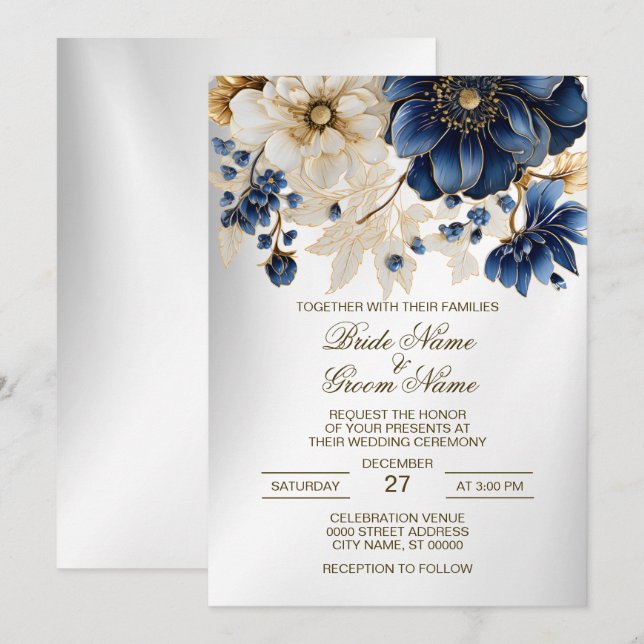 Wedding Navy Blue White Golden Floral Silver Invitation (Front/Back)