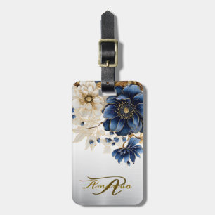 Wedding Navy Blue White Golden Floral Silver Luggage Tag