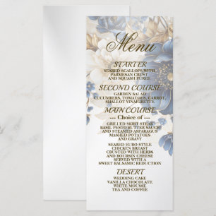 Wedding Navy Blue White Golden Floral Silver Menu