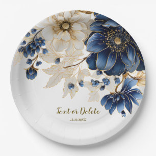 Wedding Navy Blue White Golden Floral Silver Paper Plate