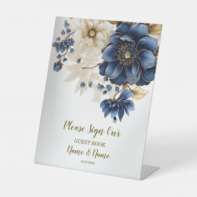 Wedding Navy Blue White Golden Floral Silver Pedestal Sign (Front)