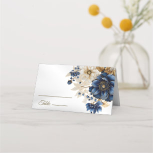 Wedding Navy Blue White Golden Floral Silver Place Card
