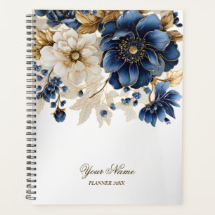 Wedding Navy Blue White Golden Floral Silver Planner