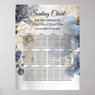 Wedding Navy Blue White Golden Floral Silver Poster