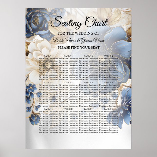 Wedding Navy Blue White Golden Floral Silver Poster (Front)