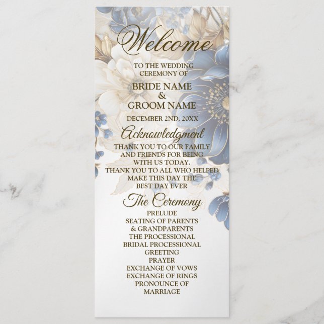 Wedding Navy Blue White Golden Floral Silver Programme (Front)