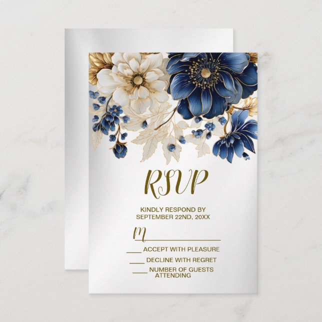 Wedding Navy Blue White Golden Floral Silver RSVP Card (Front/Back)