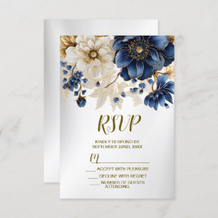 Wedding Navy Blue White Golden Floral Silver RSVP Card