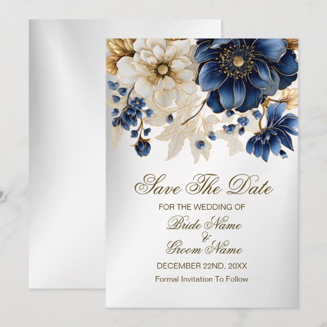 Wedding Navy Blue White Golden Floral Silver Save The Date (Front/Back)