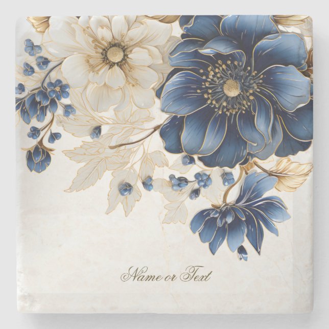 Wedding Navy Blue White Golden Floral Silver Stone Coaster (Front)