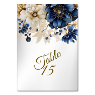 Wedding Navy Blue White Golden Floral Silver Table Number