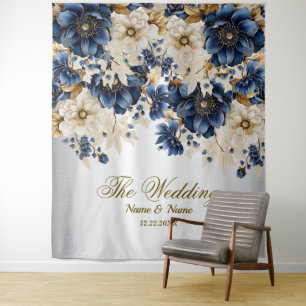 Wedding Navy Blue White Golden Floral Silver Tapestry