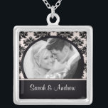 Wedding Necklace Photo Black Pink Damask Pendant<br><div class="desc">Pink & Black Damask Photo wedding couple photo necklace!  Perfect gift for the newly wed couple!</div>