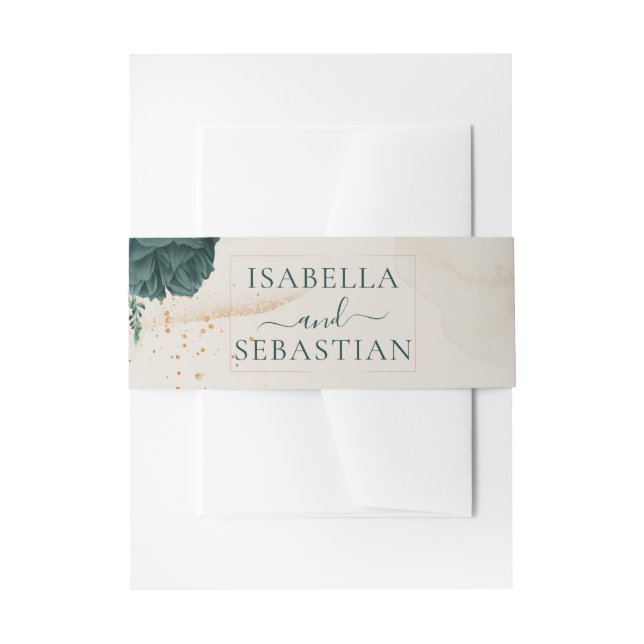 Wedding Neutral Cream Emerald Green Rose Floral Invitation Belly Band (Front Example)