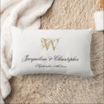 Wedding Newlywed Gift White Gold Monogram Keepsake Lumbar Cushion<br><div class="desc">Wedding Newlywed Gift White Gold Monogram Wedding Keepsake Lumbar Pillow. Personalised white and gold monogrammed lumbar pillow. Elegant chic script initial, names of the bride and groom and wedding date on a classic solid white background on the front and back of the pillow. Click personalise this template to customise it...</div>