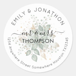 Wedding Newlywed Name Return Address Foliage Sage  Classic Round Sticker